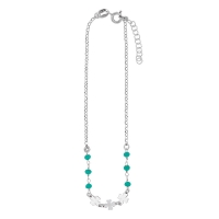 Chaîne de cheville trèfles et perles de verre vert d'eau, argent 925/1000 platiné