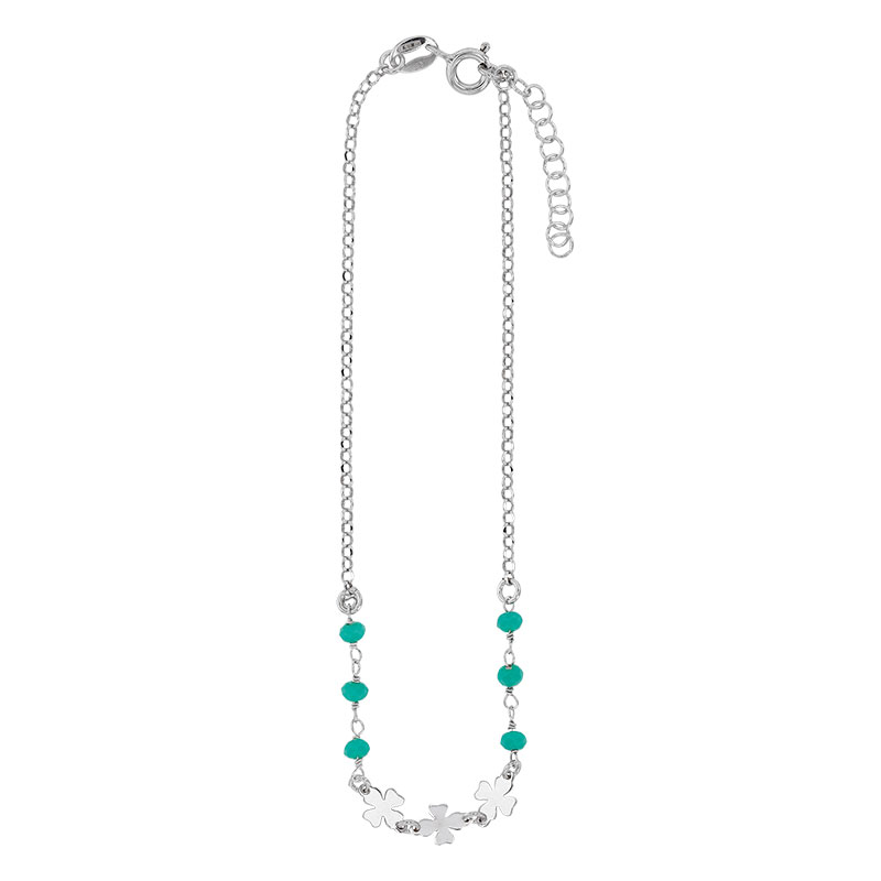 Chaîne de cheville trèfles et perles de verre vert d'eau, argent 925/1000 platiné