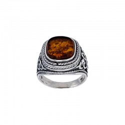 Chevalière ambre cognac  carré en argent 925/1000 vieilli ciselé