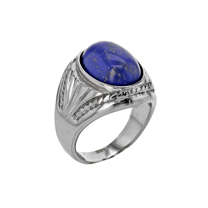 Chevalière cabochon ovale en agate noire et motif ciselé, acier