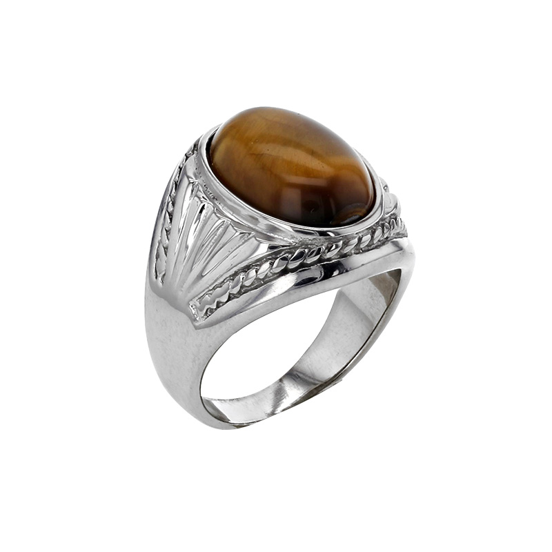 Chevalière cabochon ovale en agate noire et motif ciselé, acier