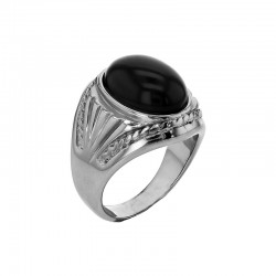 Chevalière cabochon ovale en agate noire et motif ciselé, acier