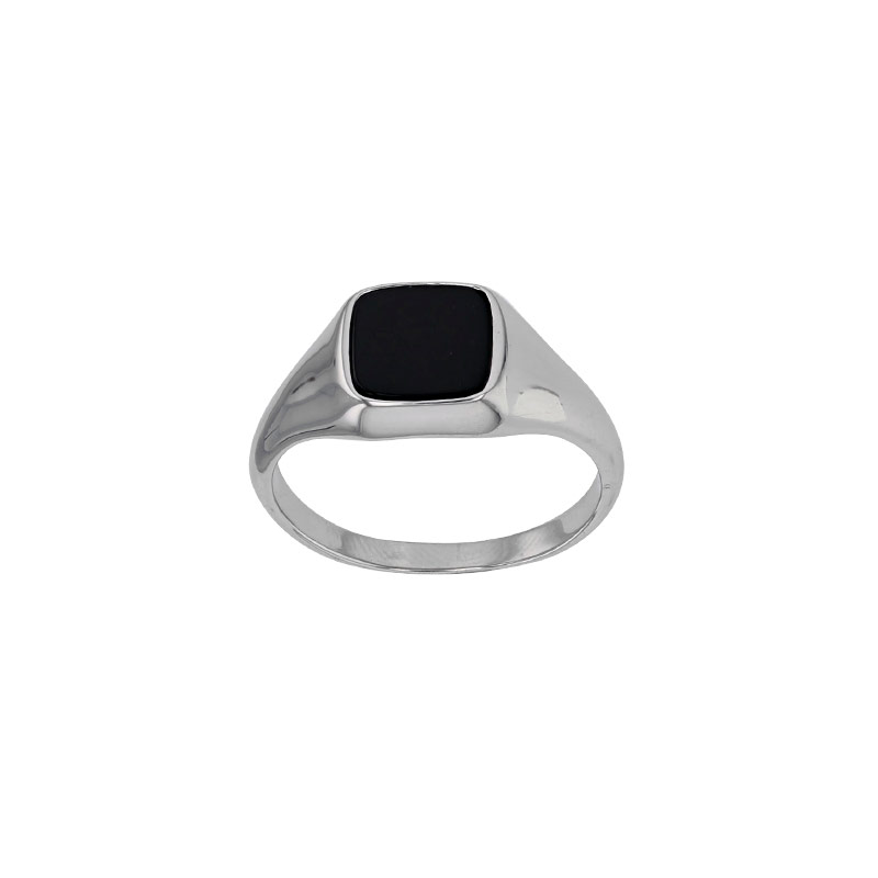 Chevalière forme carré ornée d'une Agate noire, argent 925/1000 rhodié