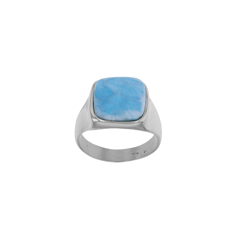 Chevalière forme carrée ornée d'une pierre Larimar, argent 925/1000