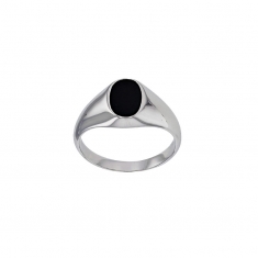 Chevalière forme ovale ornée d'une Agate noire, argent 925/1000 rhodié