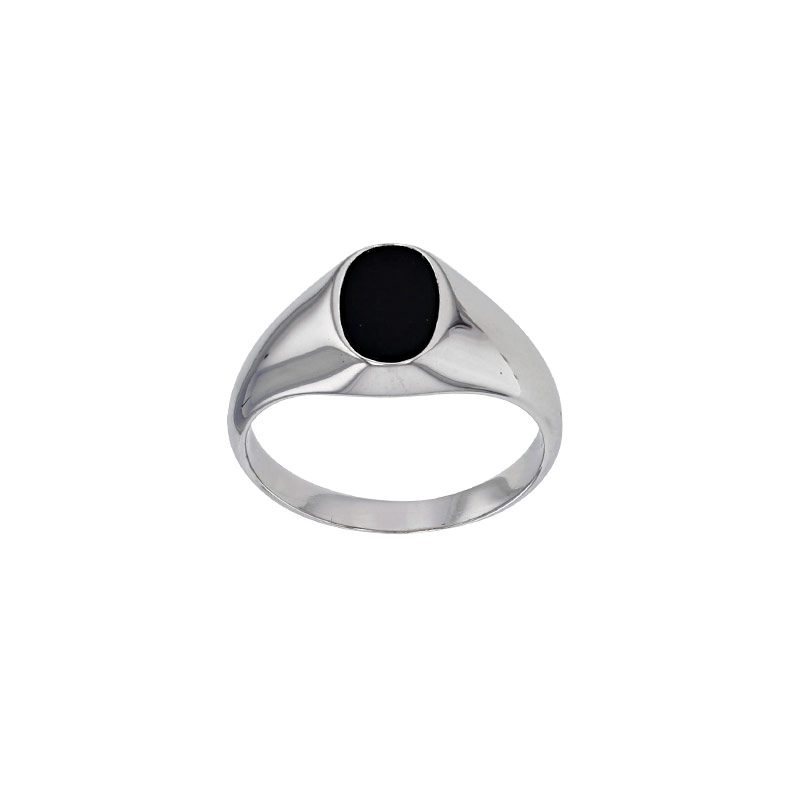 Chevalière forme ovale ornée d'une Agate noire, argent 925/1000 rhodié