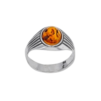 Chevalière homme corps strié, ambre cognac ovale, argent 925/1000 vieilli
