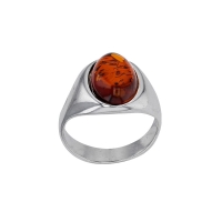 Chevalière homme lisse cabochon, ambre cognac ovale en argent 925/1000 rhodié