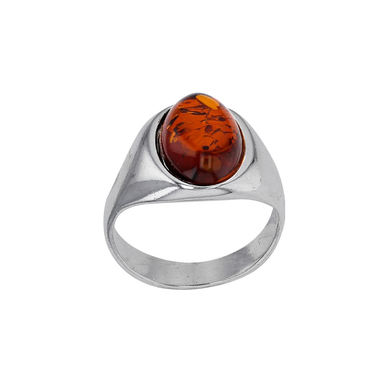 Chevalière homme lisse cabochon, ambre cognac ovale en argent 925/1000 rhodié