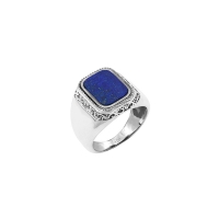 Chevalière lapis-lazuli, taille rectangle, motif ciselé/celtique, argent 925/1000