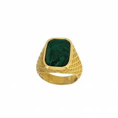 Chevalière NEO-BAROQUE argent 925/1000 doré ornée de pierre synthétique imitation malachite