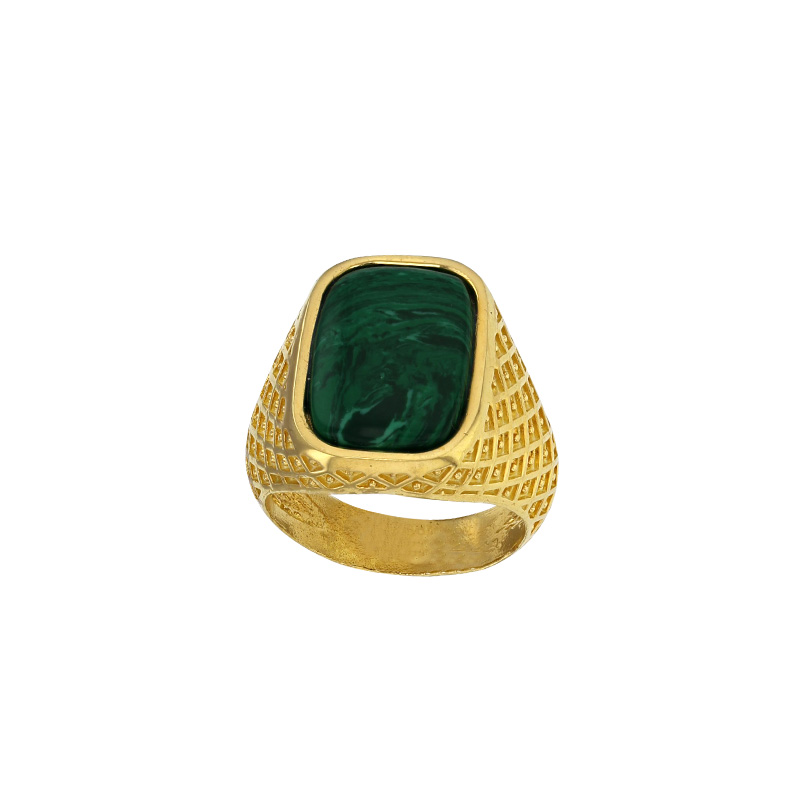 Chevalière NEO-BAROQUE argent 925/1000 doré ornée de pierre synthétique imitation malachite