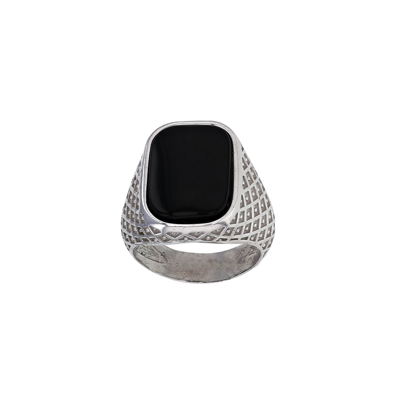 Chevalière NEO-BAROQUE en argent 925/1000 rhodié ornée d'agate noire