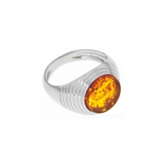 Chevalière ronde en ambre pour homme, argent 925/1000 rhodié