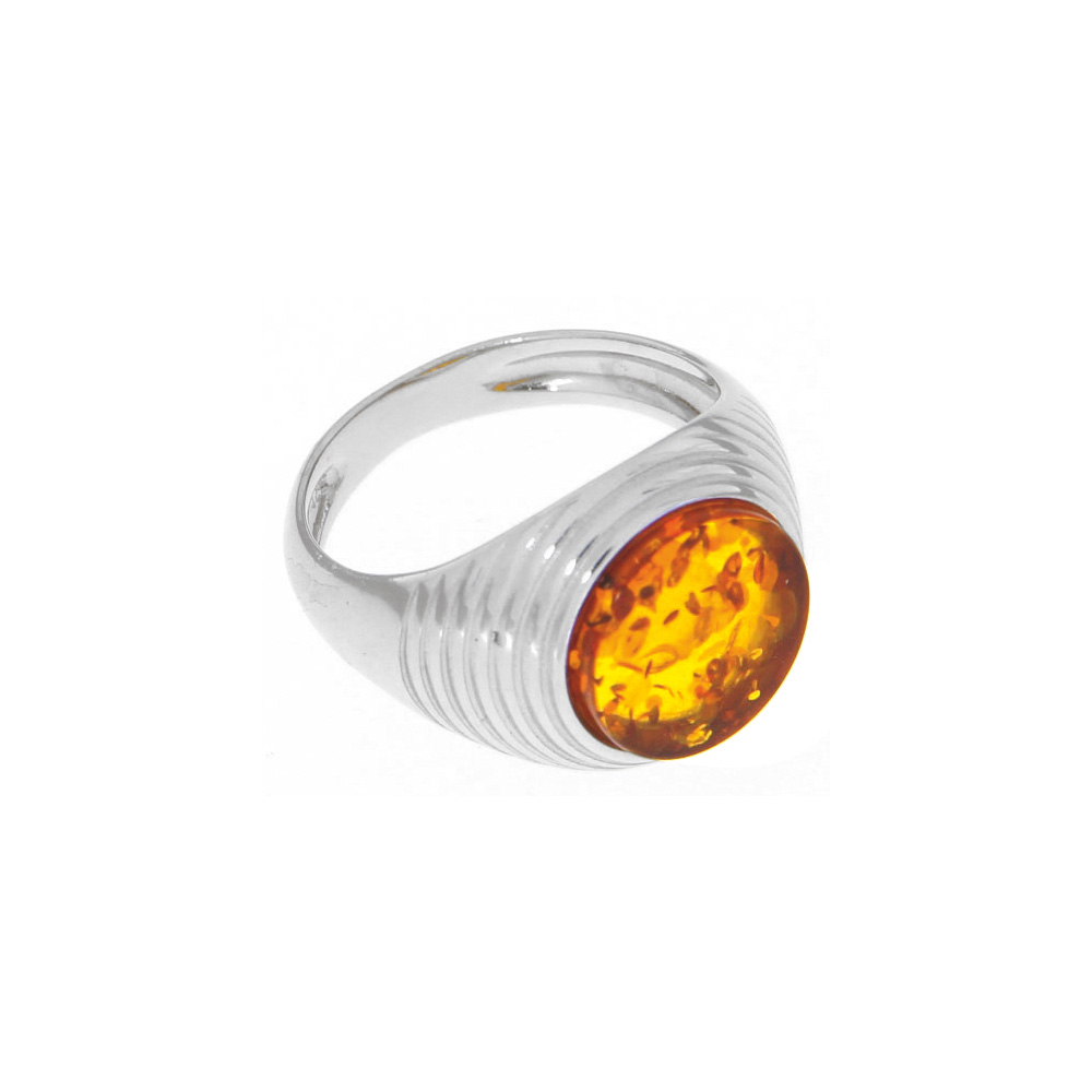 Chevalière ronde en ambre pour homme, argent 925/1000 rhodié