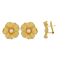 Clips oreilles en forme de fleur, ornés d'une perle de culture d'eau douce, argent 925/1000 doré