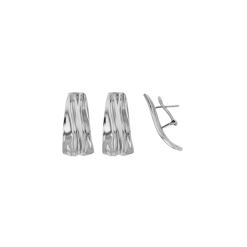 Clips oreilles percées forme ondulée aspect froissé, argent 925/1000 platiné