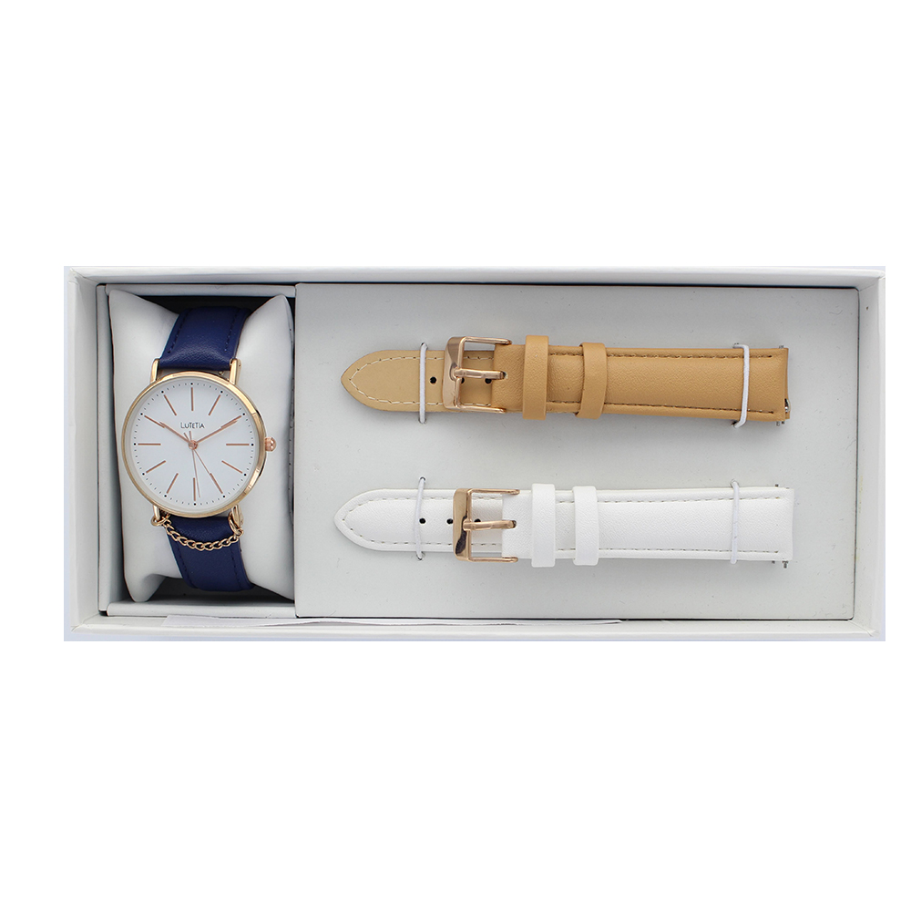 Coffret 1 montre boîtier métal doré-rose et bracelets bleu marine, blanc et beige