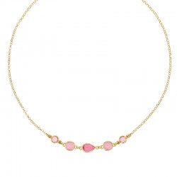 Collier , 1 goutte 2 carrés en oeil de chat blanc et rose, 2 rond oxydes rose argent 925/1000 doré