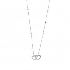 Collier 2 coeurs entrelacés, chaîne boules, argent 925/1000 platiné