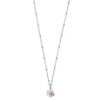 Collier 2 fleurs émail rose violet, argent 925/1000 rhodié