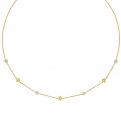 Collier 2 fleurs et 4 oxydes forme amande maille fantaisie, argent 925/1000 rhodié