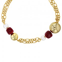Collier 2 rangs, 2 boules acier doré, 2 boules résine nacrée et 2 cubes résine violette