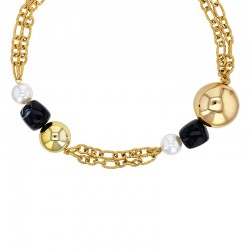 Collier 2 rangs, 2 boules acier doré, 2 boules résine nacrée et 2 cubes résine violette