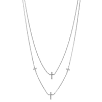 Collier 2 rangs 4 croix lisses et perlées, argent 925/1000 rhodié