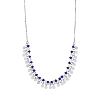 Collier 2 rangs cristaux bleu électrique et pampilles rondes, argent 925/1000 platiné