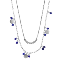 Collier 2 rangs cubes, pampilles rondes et pierres Lapis-lazuli traité facetté, acier