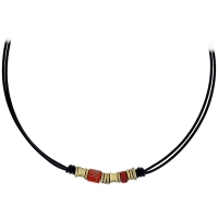 Collier 2 rangs cuir de bovin et acier noir orné d'un jaspe rouge