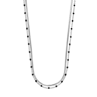 Collier 2 rangs, maille serpent et jaseron, boules émail noir, argent 925/1000 platiné