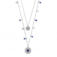 Collier 2 rangs ronds lisse et aspect martelé, pierres Sodalite et pastilles, acier