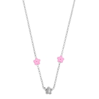 Collier 3 fleurs dont 2 émail rose et rouge argent 925/1000 rhodié