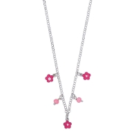 Collier 3 fleurs émail fuchsia et perles de verre rose pâle argent 925/1000 rhodié