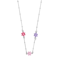 Collier 3 fleurs émail fuchsia, rose et violet en verre, argent 925/1000 rhodié