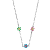 Collier 3 fleurs émail vert, bleu et rose en pampilles argent 925/1000 rhodié