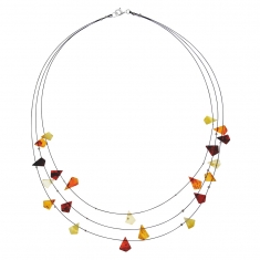 Collier 3 rangs câbles ornés de pierres d'ambre triangle, fermoir argent 925/1000