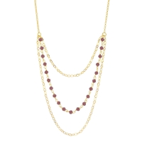 Collier 3 rangs cristaux couleur améthyste, mailles ovales ciselées, argent 925/1000 doré