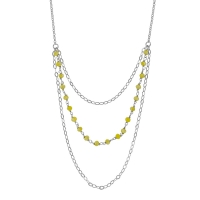 Collier 3 rangs cristaux couleur citrine, mailles ovales ciselées, argent 925/1000 platiné