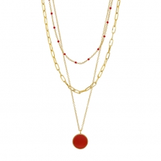 Collier 3 rangs Lapis-lazuli traité taille ronde, maille rectangle et boules résine bleue, acier