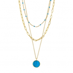 Collier 3 rangs Lapis-lazuli traité taille ronde, maille rectangle et boules résine bleue, acier