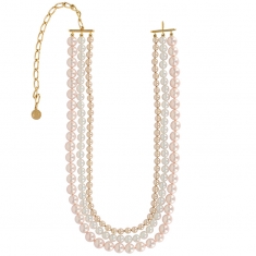 Collier 3 rangs ornés de perles de Majorque nacré, rose et champagne en laiton doré