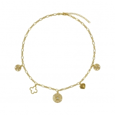 Collier 3 ronds en pampilles, coeur et fleur avec oxydes en argent 925/1000 doré