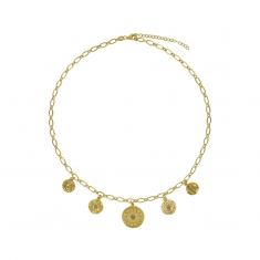 Collier 5 ronds en pampilles et oxydes, argent 925/1000 doré