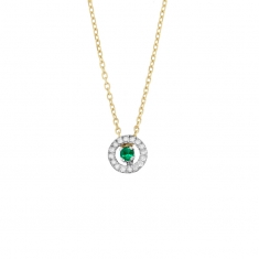 Collier Émeraude taille ronde 2,5mm, entourage 16 diamants HSI 0,10ct, Or bicolore 750/1000