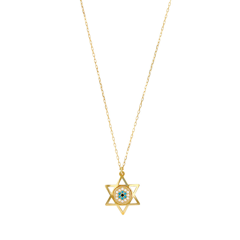 Collier Étoile de David avec oeil orné d’oxydes, Or 375/1000