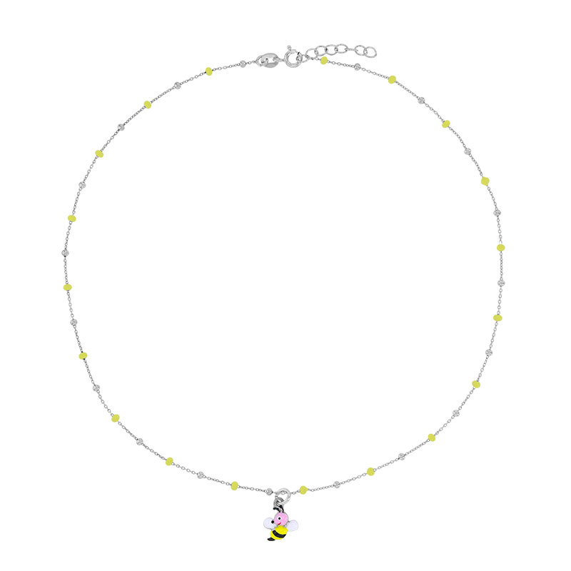 Collier abeille, boules émaillées jaune, argent 925/1000 rhodié