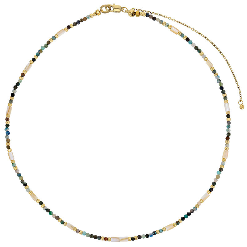 Collier acier doré et perles de verre Miyuki, jaspe océan et coquillages